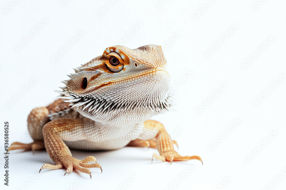 Obraz premium Exotic lizard bearded dragon on white background, lizard in natural pose. Close-up. Copy space. Generative AI