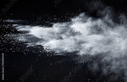 Captivating image of a dynamic white powder cloud expanding in various directions against a dark backdrop, ideal for creating intense visual effects with a highenergy impact
