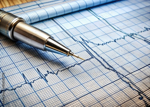 Macro shot of a polygraph machine's paper readout with ink pens tracing fluctuating lines, surrounded by technical equipment and wires, evoking notions of truth and deception.