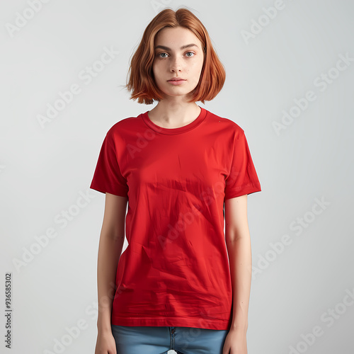 A young Caucasian woman with short brown hair, wearing a bright red t-shirt, stands confidently against a pale background.