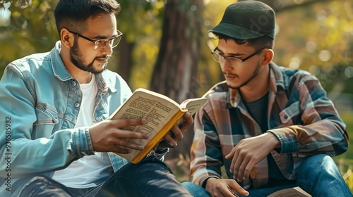 Two men read and studied the bible at the park and prayed together sharing the gospel with a friend. photo