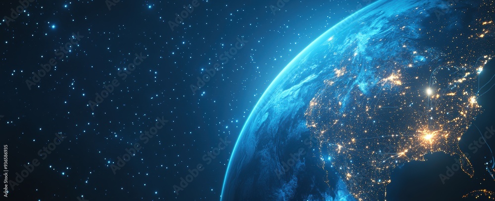 Obraz premium Earth's virtual system representation with international connections and info flows in a web banner