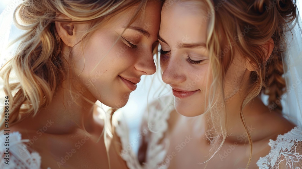 Close-up of two beautiful, cheerful brides in wedding dresses, embracing each other showing their love and joy on their special day. Close-up of two beautiful, cheerful brides in wedding dresses, embracing each other showing their love and joy on their special day.