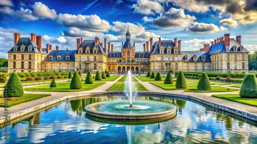 Majestic Château de Fontainebleau stands amidst picturesque gardens and tranquil fountains, showcasing French Renaissance architecture in the heart of Fontainebleau, France. photo