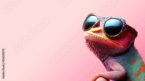 The colorful lizard wears sunglasses against a vibrant gradient background.