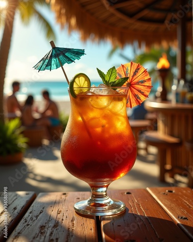 A refreshing Mai Tai garnished with mint, lime, and a colorful umbrella, sitting on a sunlit beach bar table under thatched umbrellas and swaying palm trees.
