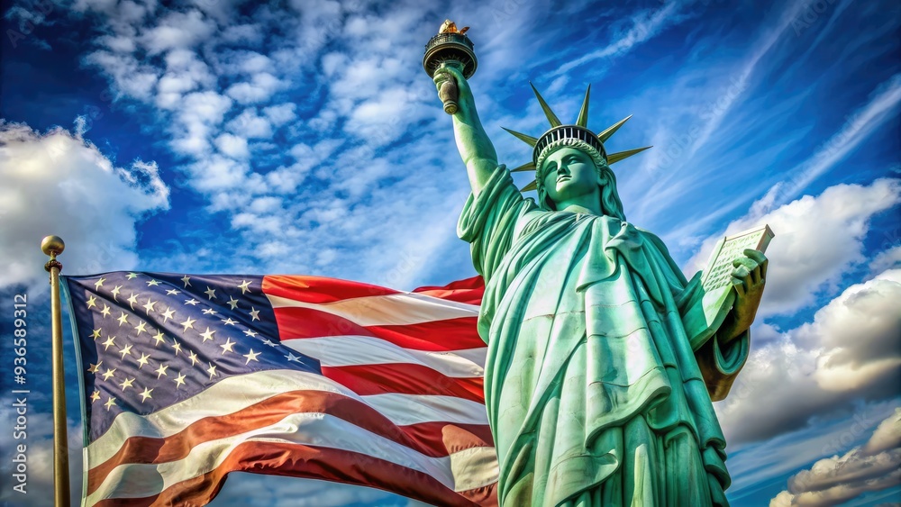Obraz premium Majestic copper statue of freedom stands proudly on Liberty Island, waving a rippling American flag, symbolizing democracy and hope, against a brilliant blue sky.