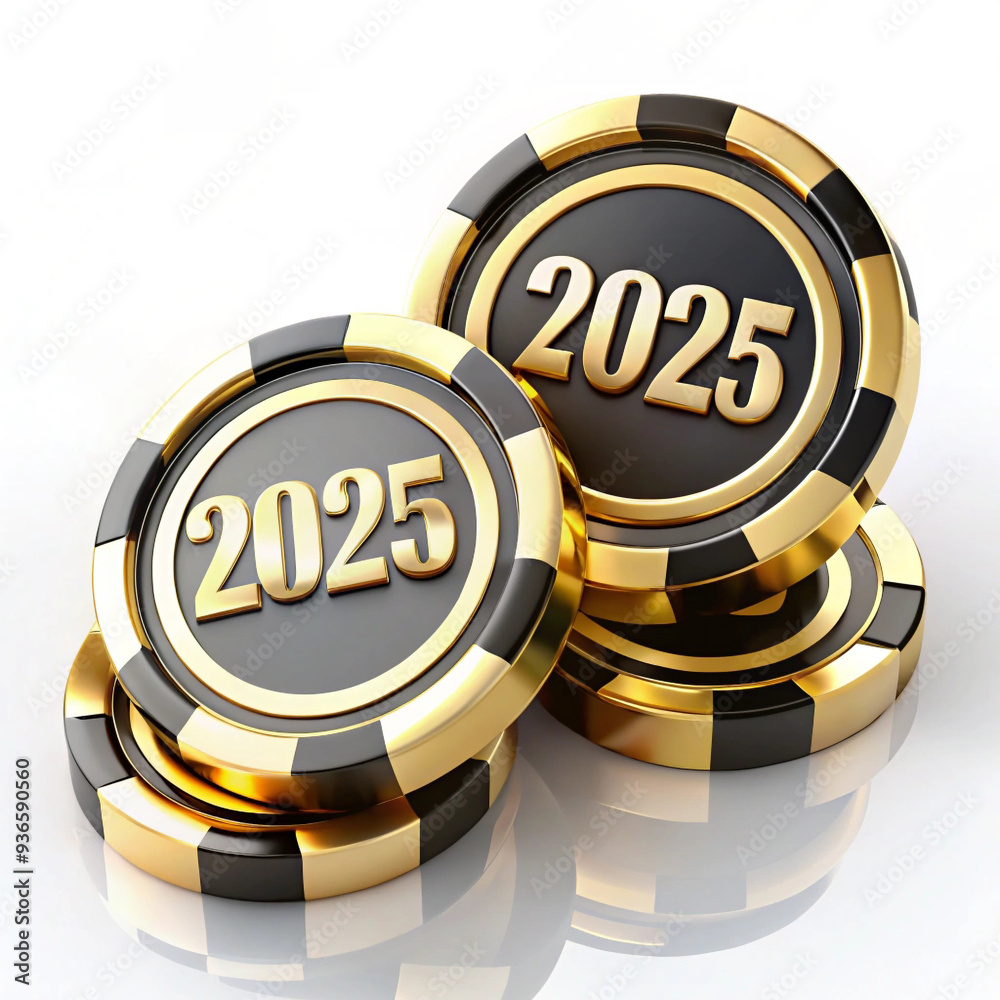 Fototapeta premium Three poker chips are stacked, displaying the year 2025 prominently in gold lettering