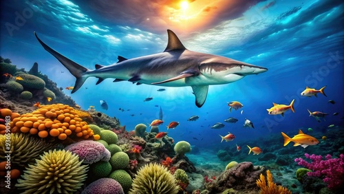 Majestic great hammerhead shark glides effortlessly above vibrant coral reef, its shadow falling softly, accompanied by parasitic suckerfish, in a serene underwater world. photo