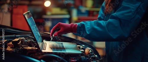 An auto mechanic combines technology and auto repair by using a laptop to diagnose a vehicle