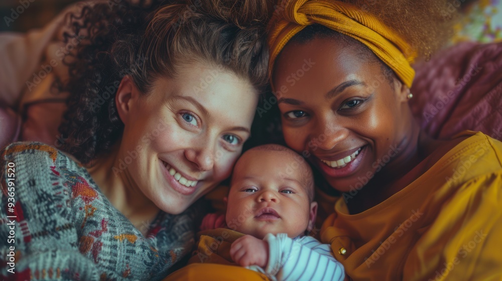 A loving shot of a lesbian couple lying with their baby, showing the close bond and relaxation in their homely, family lifestyle.