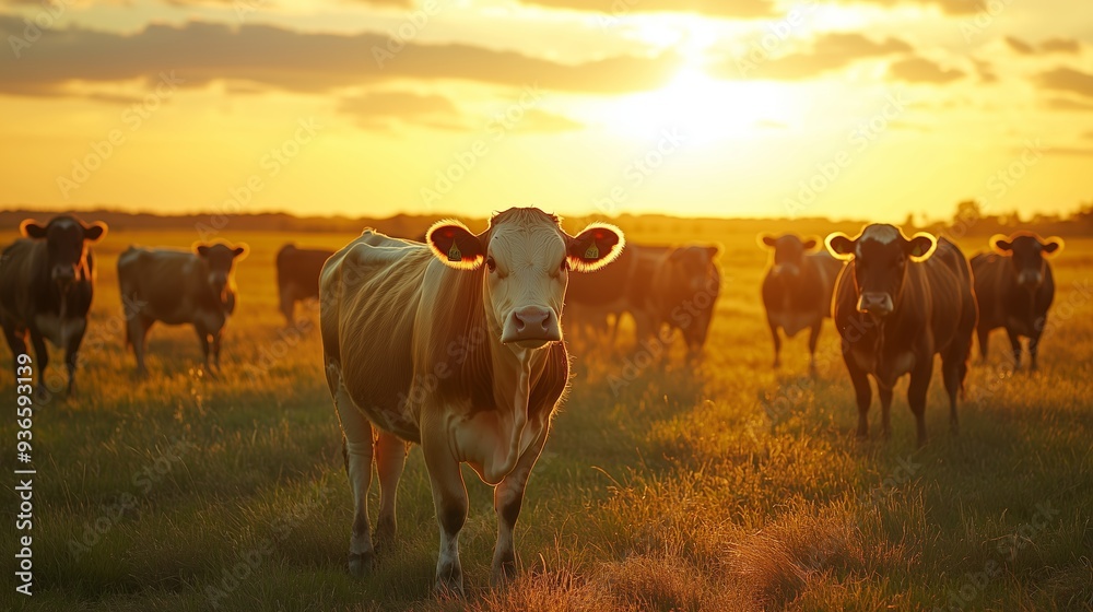 Cows grazing in a sunlit field during sunset in rural landscape Cows grazing in a sunlit field during sunset in rural landscape