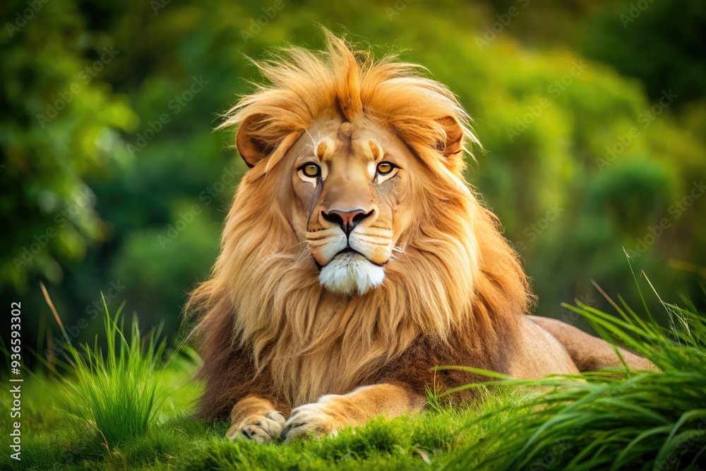 Majestic male lion with a thick, golden mane relaxes in a lush green grass, paws crossed, showcasing regal power and serene tranquility. Majestic male lion with a thick, golden mane relaxes in a lush green grass, paws crossed, showcasing regal power and serene tranquility.