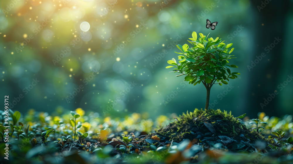 A small tree with vibrant leaves symbolizes purity and renewal in a serene forest during early morning light A small tree with vibrant leaves symbolizes purity and renewal in a serene forest during early morning light