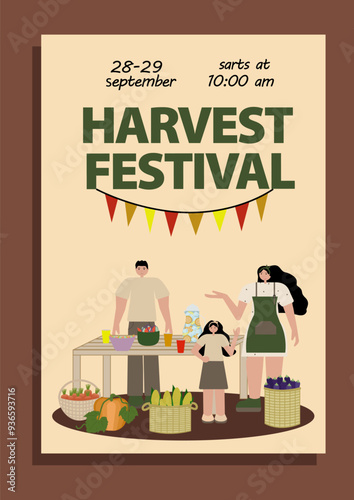 Harvest festival poster featuring family father, mother, and daughter—celebrating at  festive table with baskets of vegetables. Vector in flat style. Ideal for fall events and community celebrations