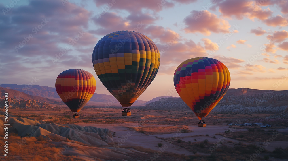 Fototapeta premium Balloons ascend into the morning sky, illuminating the landscape with vibrant colors at sunrise in a serene setting