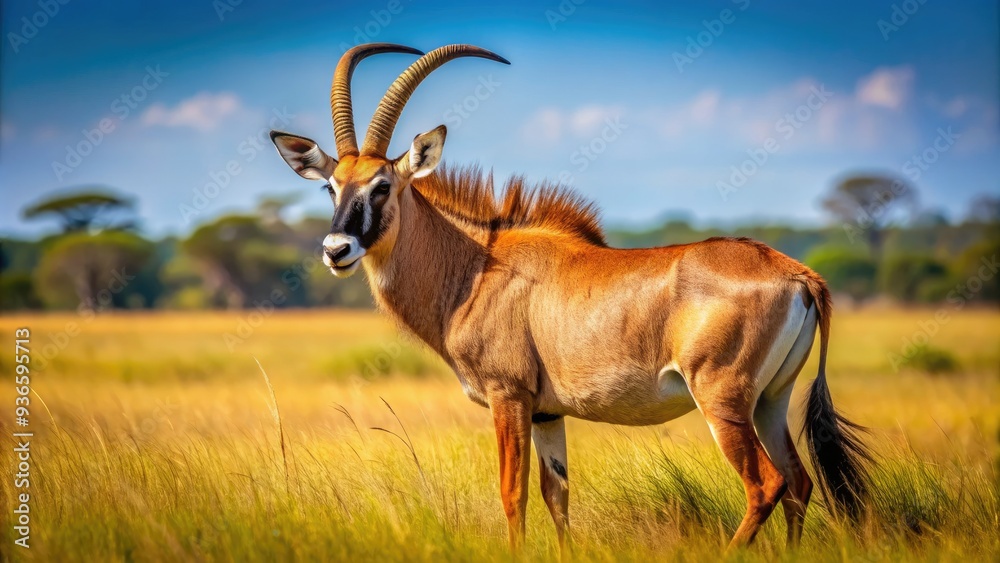 Majestic roan antelope with striking horns and reddish-brown coat grazes in the open savannah grasslands of African wilderness under a sunny blue sky. Majestic roan antelope with striking horns and reddish-brown coat grazes in the open savannah grasslands of African wilderness under a sunny blue sky.