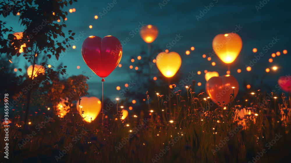 Obraz premium A colorful display of heart-shaped lanterns illuminating a serene landscape during a twilight celebration