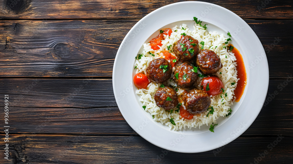 Meatballs with tomato sauce and parsley on a white plate, served over rice on a rustic wooden table Meatballs with tomato sauce and parsley on a white plate, served over rice on a rustic wooden table