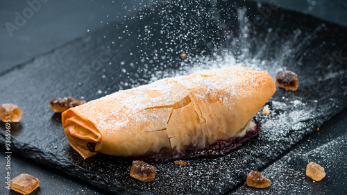 Photography Piece of Austrian cherry strudel with powdered sugar.