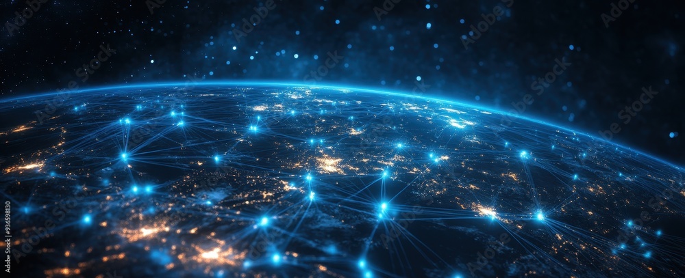 Obraz premium World's tech communication display with global networks and info currents in a web banner