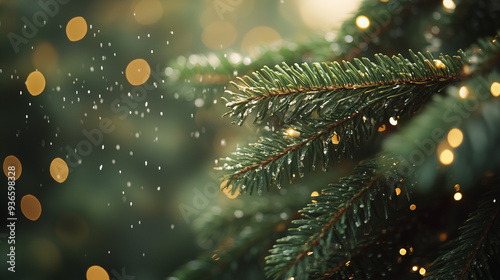 Winter Holiday Tree with Sparkling Lights and Close-Up of Pine Needles, Perfect for New Year and Christmas Themes