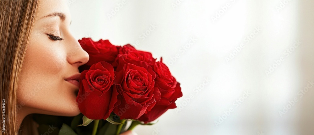 Woman Smelling Red Roses in Warm Sunlight Woman Smelling Red Roses in Warm Sunlight