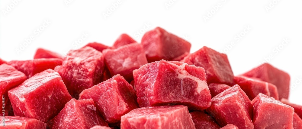 Pile of Raw Beef Cubes on White Background Pile of Raw Beef Cubes on White Background