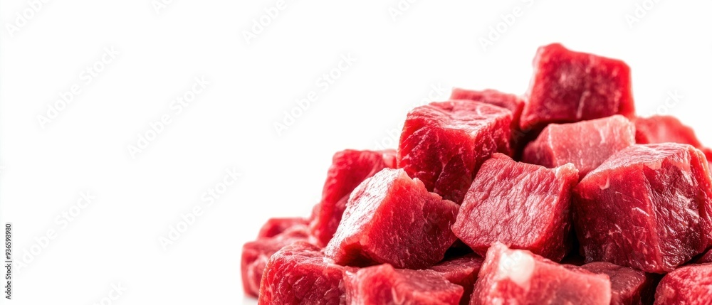 Pile of Raw Beef Cubes on White Background Pile of Raw Beef Cubes on White Background