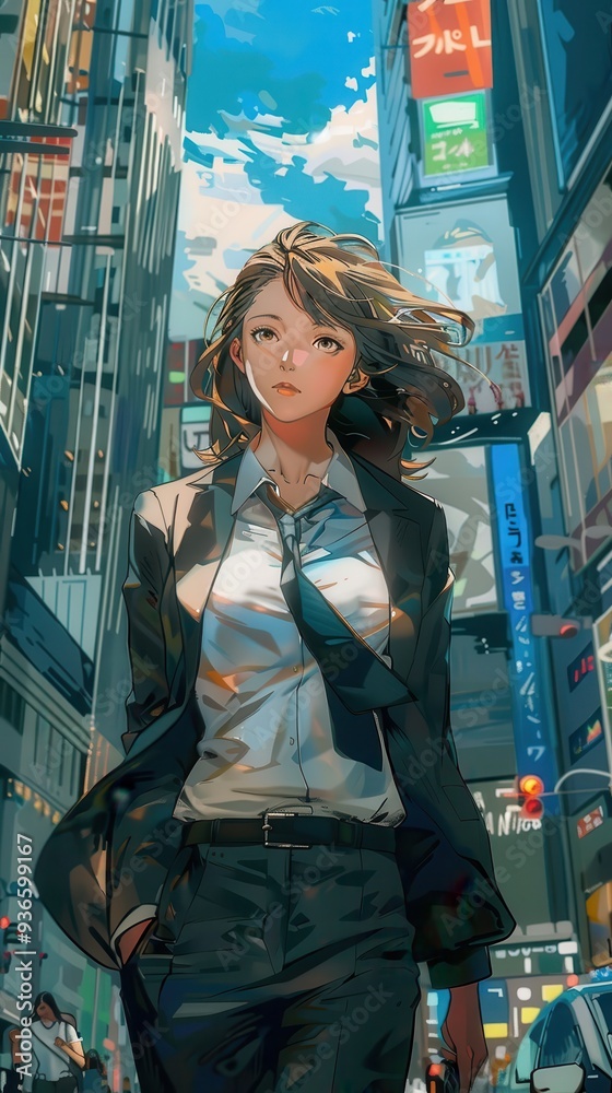 A determined anime businesswoman strides through a vibrant urban landscape under a bright sky A determined anime businesswoman strides through a vibrant urban landscape under a bright sky
