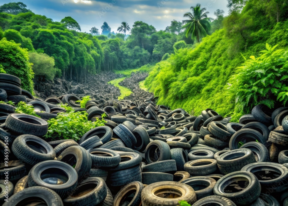 Massive dumping ground of discarded car tires contrasts sharply with adjacent lush green forest, highlighting the remarkable scale and environmental impact of waste disposal.
