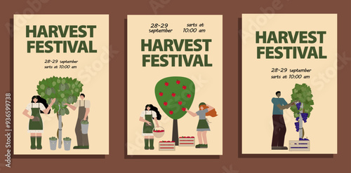 Harvest festival poster set featuring young woman and man picking fruit from trees. Vector in flat. For promoting harvest events, seasonal celebrations, and agricultural-themed marketing campaigns.