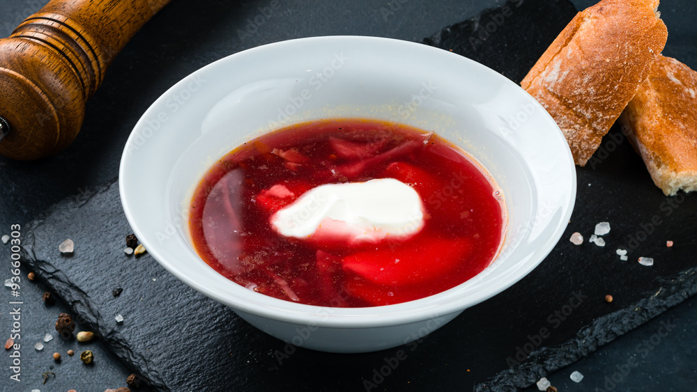 Russian red borscht soup made from beets, potatoes, cabbage, onions with sour cream, bread and spices. Russian red borscht soup made from beets, potatoes, cabbage, onions with sour cream, bread and spices.