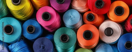 Colorful reels of thread forming a textured background for sewing and fashion design