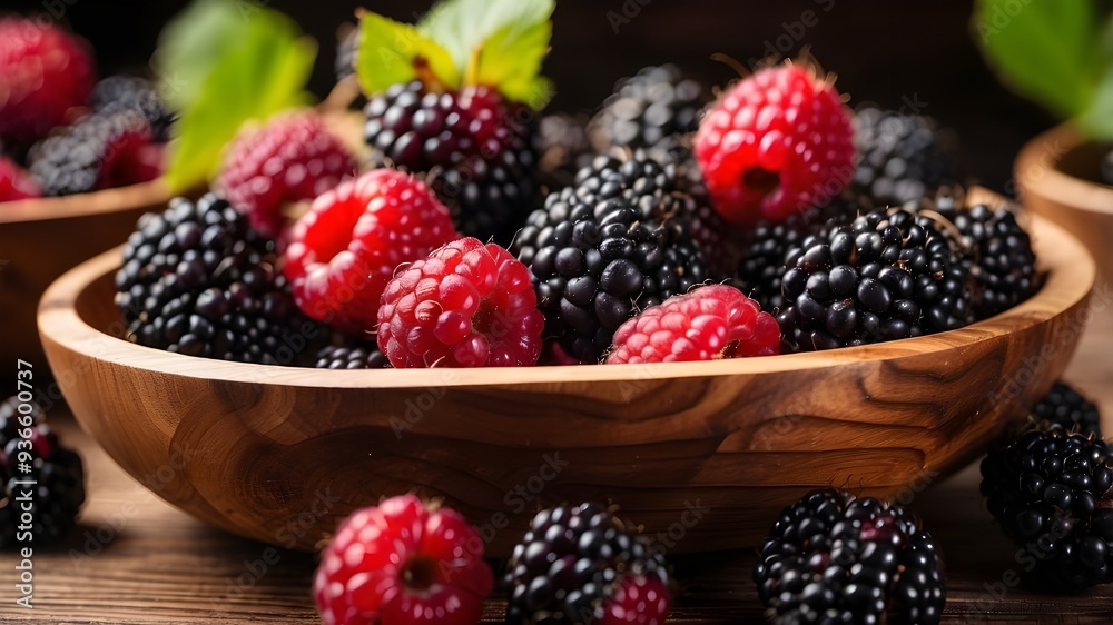 Close-up of fresh blackberries in wonderfully made wooden bowls, showing their natural textures and brilliant hues. Close-up of fresh blackberries in wonderfully made wooden bowls, showing their natural textures and brilliant hues.