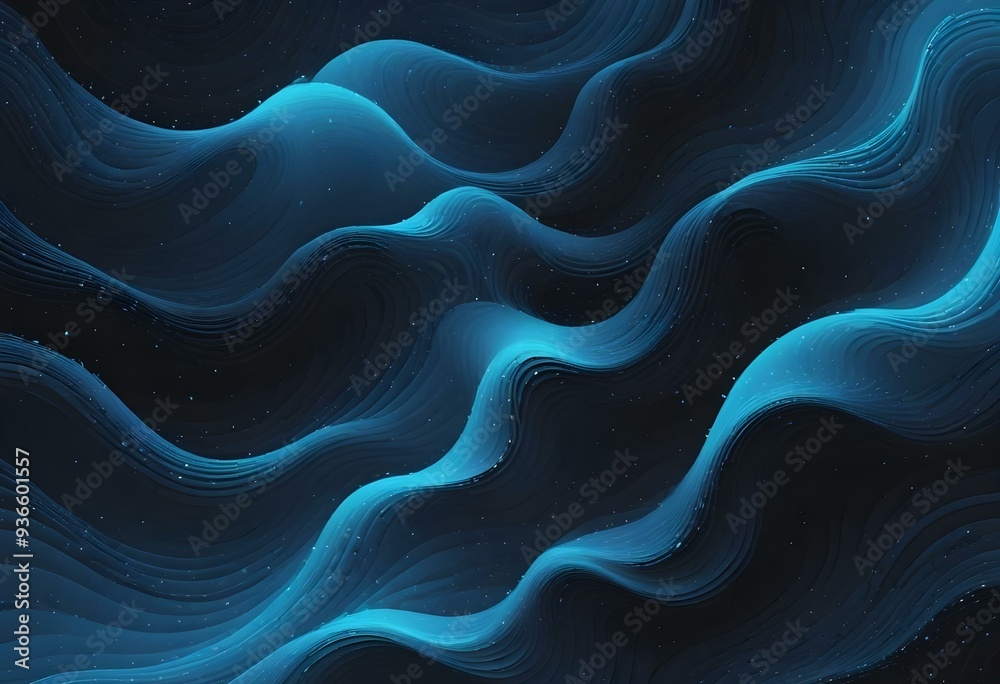 Fototapeta premium Flowing Blue and black abstract background with soft, wavy shapes and subtle sparkles