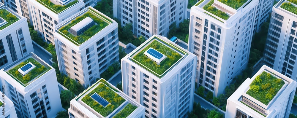 A futuristic city with green rooftops, autonomous transport, and AI-driven resource management, urban development, sustainability, technological innovation