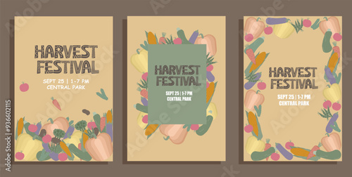 Harvest festival poster set featuring vegetables illustrated in muted, subdued tones. Vector in style. For use in event posters, and seasonal marketing campaigns for autumn festivals and markets.