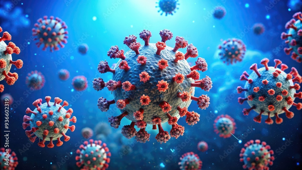 Microscopic view of coronavirus particles on a blue background, representing the COVID-19 pandemic and global health crisis, with 3D illustration elements.
