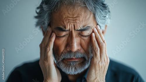 Elderly Man Appears Unwell, Suffering from Depression and Rubbing His Temples