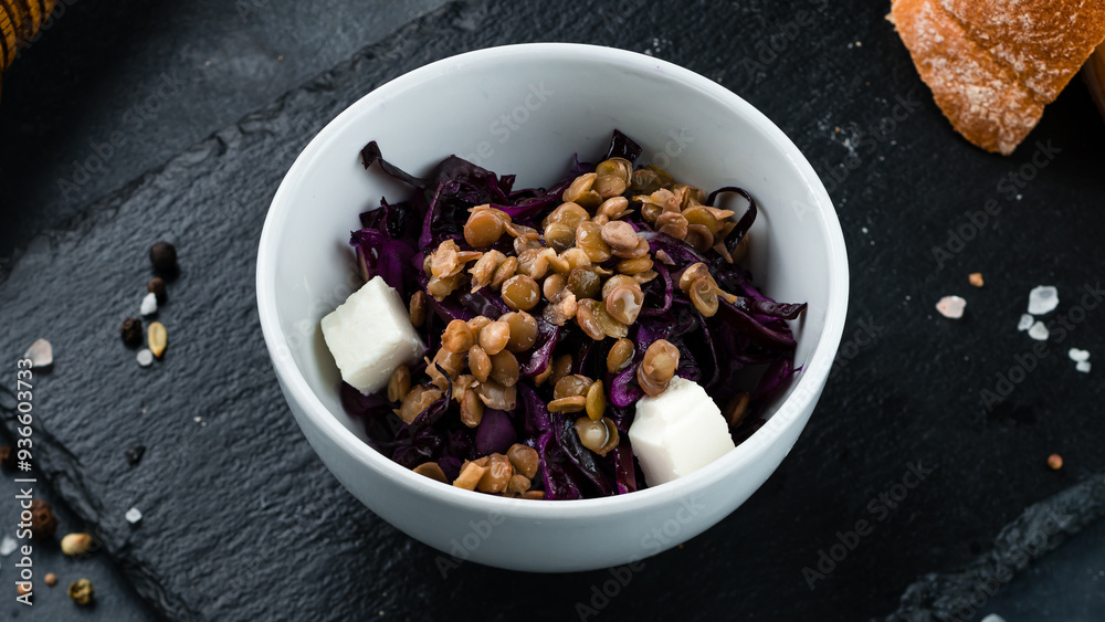Fototapeta premium Lunch salad of red cabbage, lentils and feta cheese.