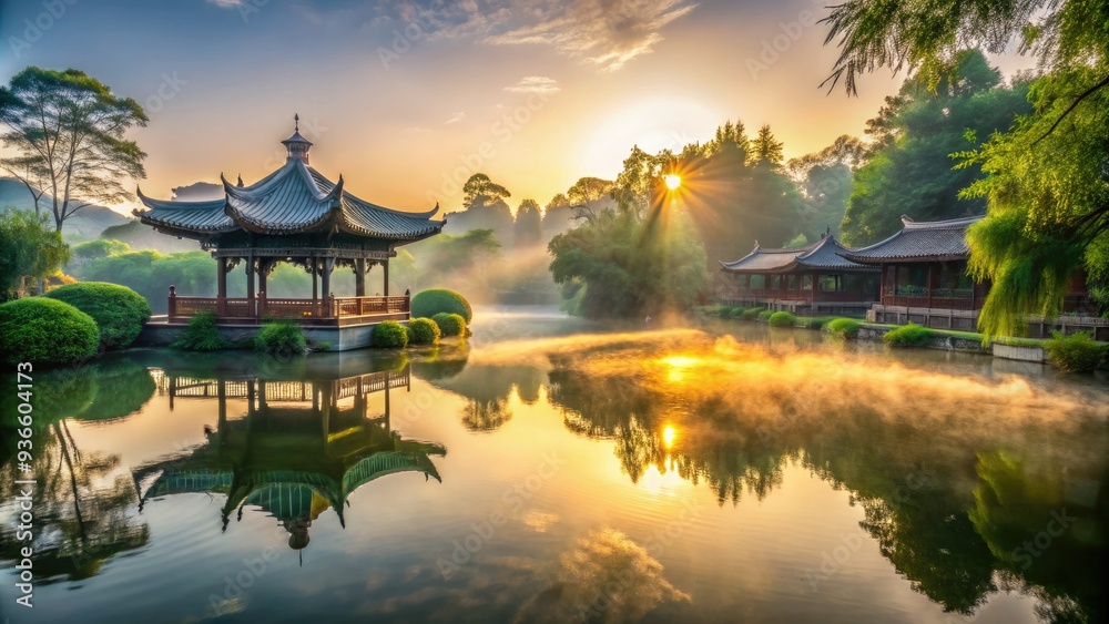 misty morning sun casts golden light on tranquil water, surrounded by lush greenery and traditional Chinese pavilions in the distance. misty morning sun casts golden light on tranquil water, surrounded by lush greenery and traditional Chinese pavilions in the distance.