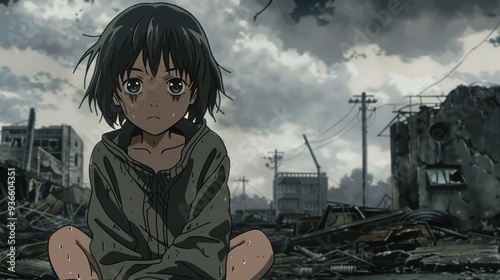A girl sits on the ground, surrounded by destruction, reflecting the impact of war and hunger in her devastated environment