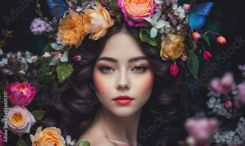 A woman with long black hair wears a crown of flowers and stares at the camera