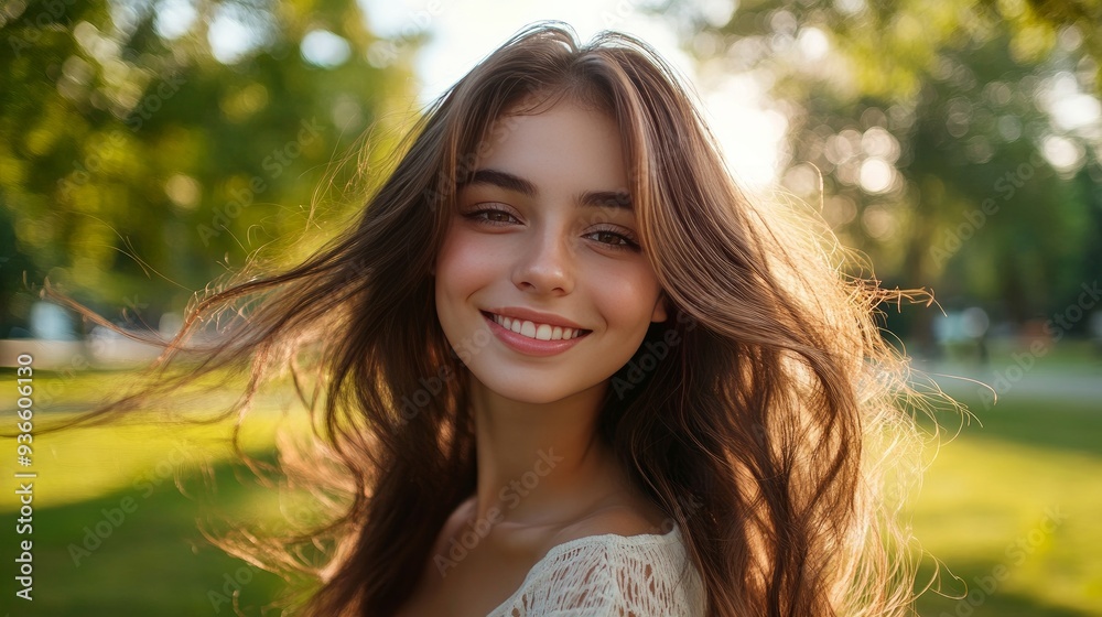 In a city park, a happy, stylish bohemian girl is grinning at the camera. Beautiful picture of a joyful young brunette with long, thick hair making eye contact In a city park, a happy, stylish bohemian girl is grinning at the camera. Beautiful picture of a joyful young brunette with long, thick hair making eye contact