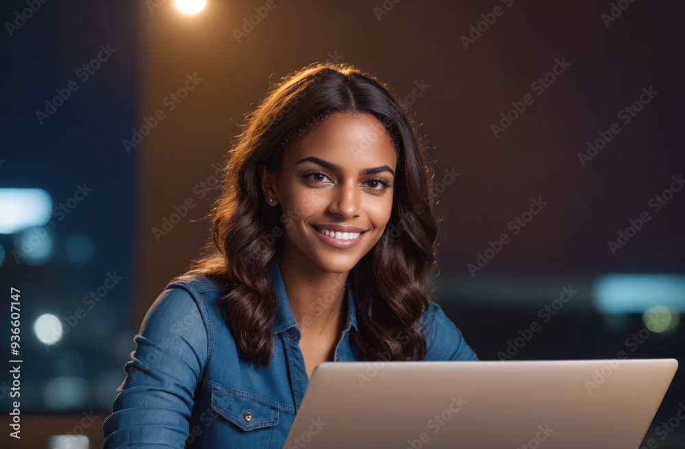 A woman smiles while working on her laptop at night