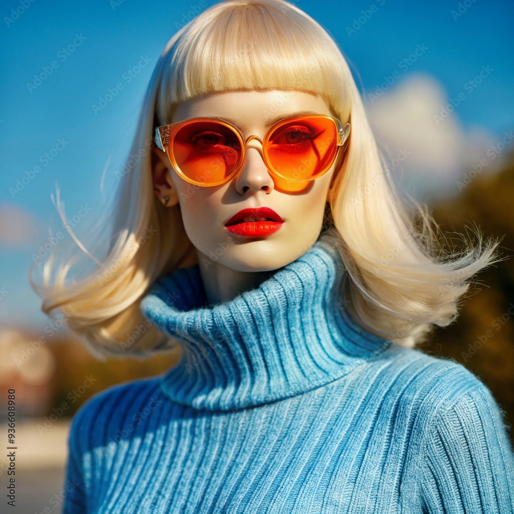 a platinum blonde supermodel wearing a light blue mohair turtleneck sweater, extreme close up shot, oversized 60s style neon orange sunglasses a platinum blonde supermodel wearing a light blue mohair turtleneck sweater, extreme close up shot, oversized 60s style neon orange sunglasses