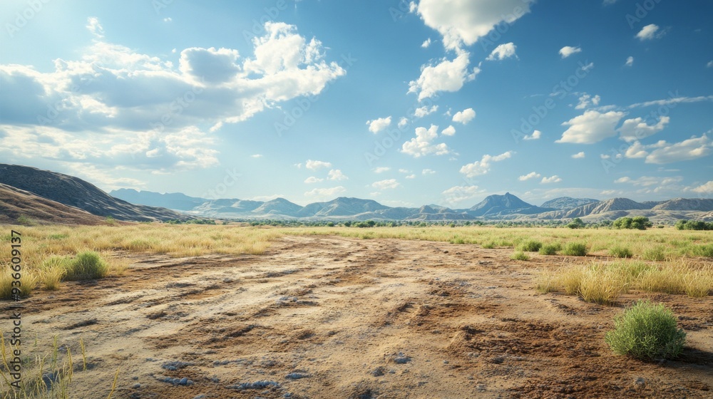 Fototapeta premium Expansive dry land stretches to the horizon, framed by distant mountains under a radiant sky filled with soft clouds, capturing the serenity of nature in afternoon warmth