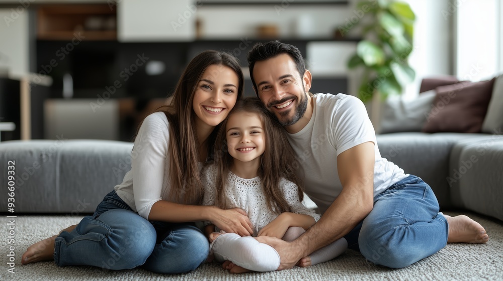 Family enjoying a cozy moment together indoors, sitting on the floor with a warm atmosphere in a modern living room filled with natural light Family enjoying a cozy moment together indoors, sitting on the floor with a warm atmosphere in a modern living room filled with natural light