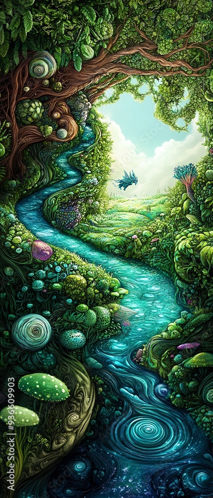 Fototapeta premium A surreal fantasy landscape viewed from a worms-eye perspective